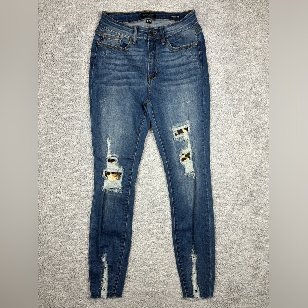 Judy Blue Jeans Womens 27 Skinny Leopard Print Cut Outs Distressed Holes Raw Hem